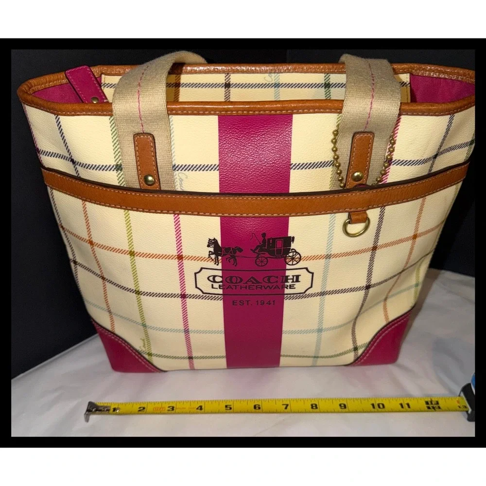 Coach Heritage Tattersall Plaid Tote Bag Medium Cream Multi Coated Canvas Purse